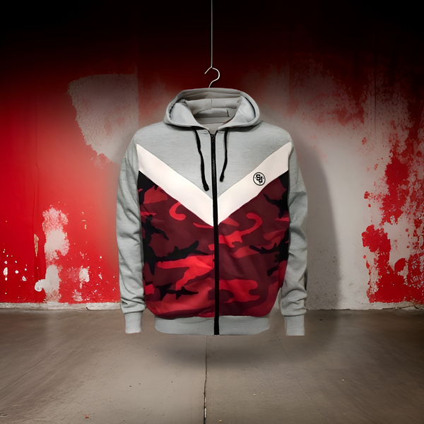 ^SEAN JOHN^ (RED-CAMO-GREY) POLYESTER HOODED ZIP UP TRACK JACKETS