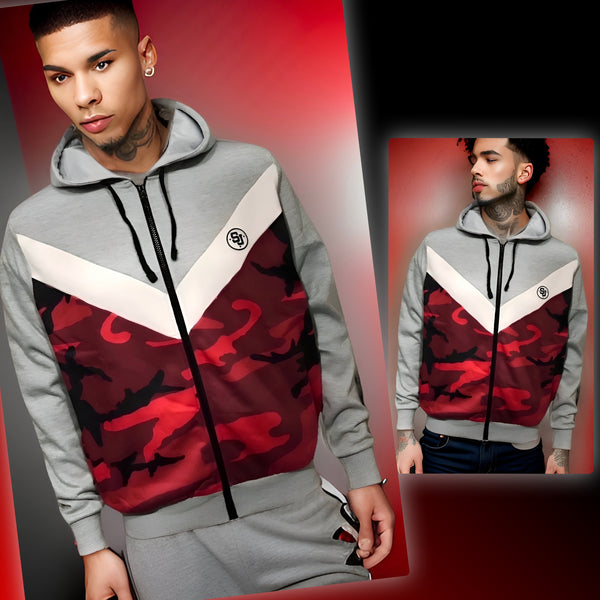 ^SEAN JOHN^ (RED-CAMO-GREY) POLYESTER HOODED ZIP UP TRACK JACKETS