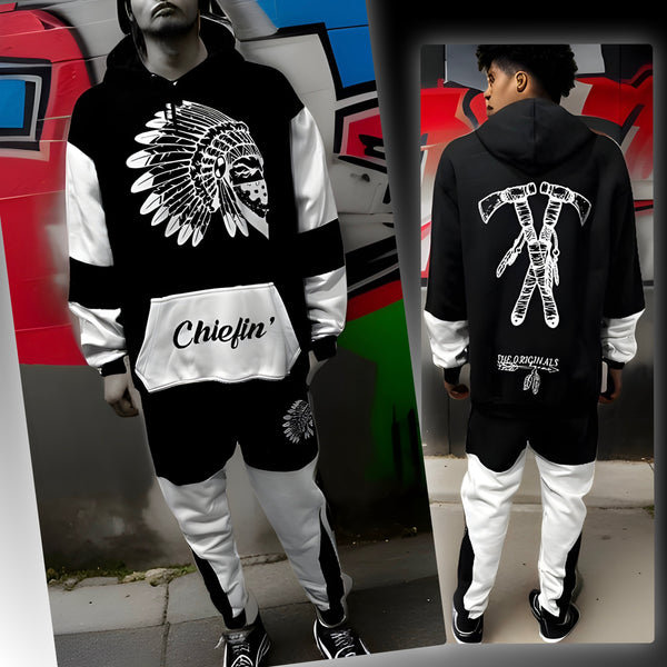 ^CHIEFIN’^ (BLACK-WHITE) HOODED JOGGER SWEATSUITS (CUT & SEW)