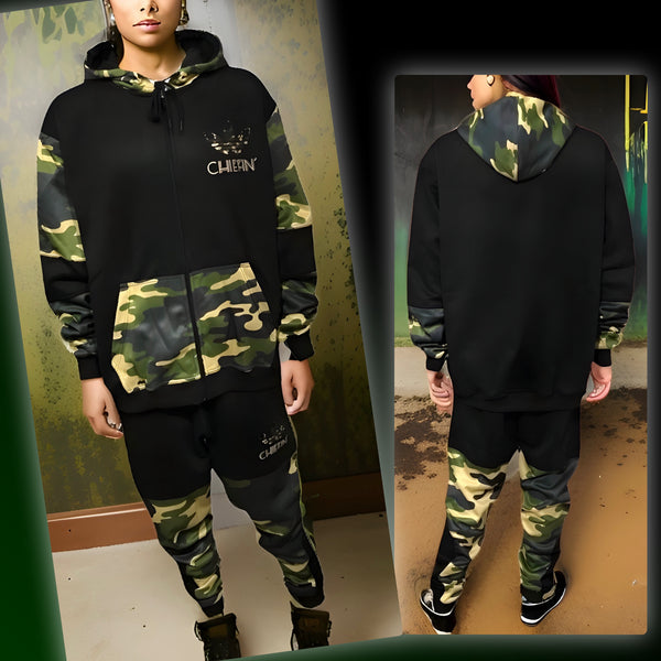 ^CHIEFIN’ ADI-FEATHER^ (GREEN CAMOUFLAGE) LUX HOODED ZIP UP TRACKSUITS (CUT & SEW)
