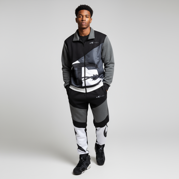 *CHAMPION CHIEF* LUXURY (BLACK-MULTI) ZIP UP TRACKSUITS (CUT & SEW) (EMBROIDERED LOGOS)
