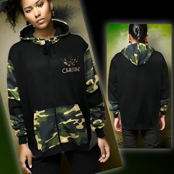 ^CHIEFIN’ ADI-FEATHER^ (GREEN CAMOUFLAGE) LUX ZIP UP HOODIES (CUT & SEW)