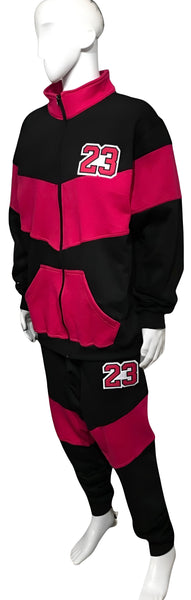 ^23^ (BLACK-HOT PINK) ZIP UP TRACKSUITS (CUT & SEW) (UNISEX)