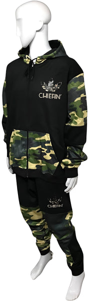 ^CHIEFIN’ ADI-FEATHER^ (GREEN CAMOUFLAGE) LUX HOODED ZIP UP TRACKSUITS (CUT & SEW)