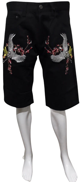 ^MAXI MILIAN^ (BLACK) ~YEAR OF THE CRANE~ DENIM SHORTS (SLIM FIT) (EMBROIDERED)