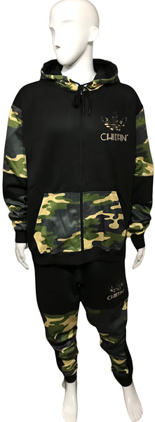 ^CHIEFIN’ ADI-FEATHER^ (GREEN CAMOUFLAGE) LUX HOODED ZIP UP TRACKSUITS (CUT & SEW)