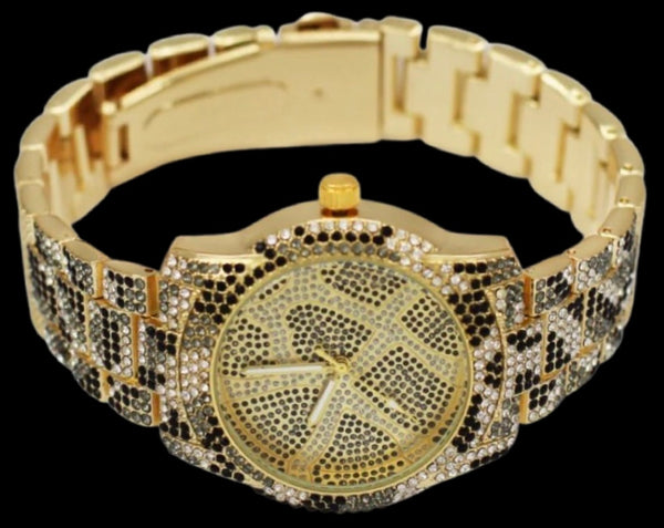 *MC* ~ICED OUT~ (WOMEN’S) METAL BAND HIP HOP STYLE WATCHES (BLACK/GOLD)